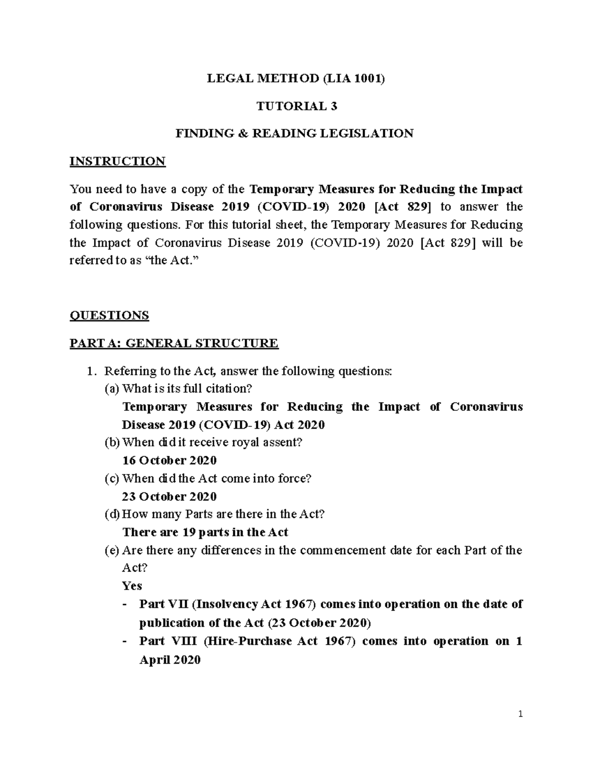 Tutorial 3 Finding And Reading Legislation - LEGAL METHOD (LIA 1001 ...