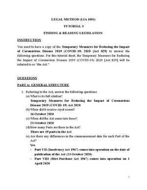 Tutorial 9 Statutory Interpretation - LEGAL METHOD (LIA 1001) TUTORIAL ...