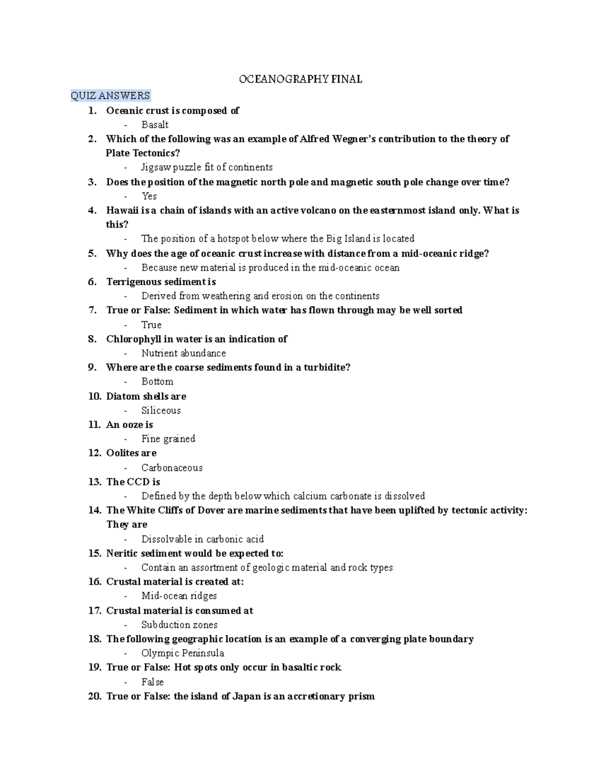 Final ESCI 1006 Study guide - OCEANOGRAPHY FINAL QUIZ ANSWERS Oceanic ...