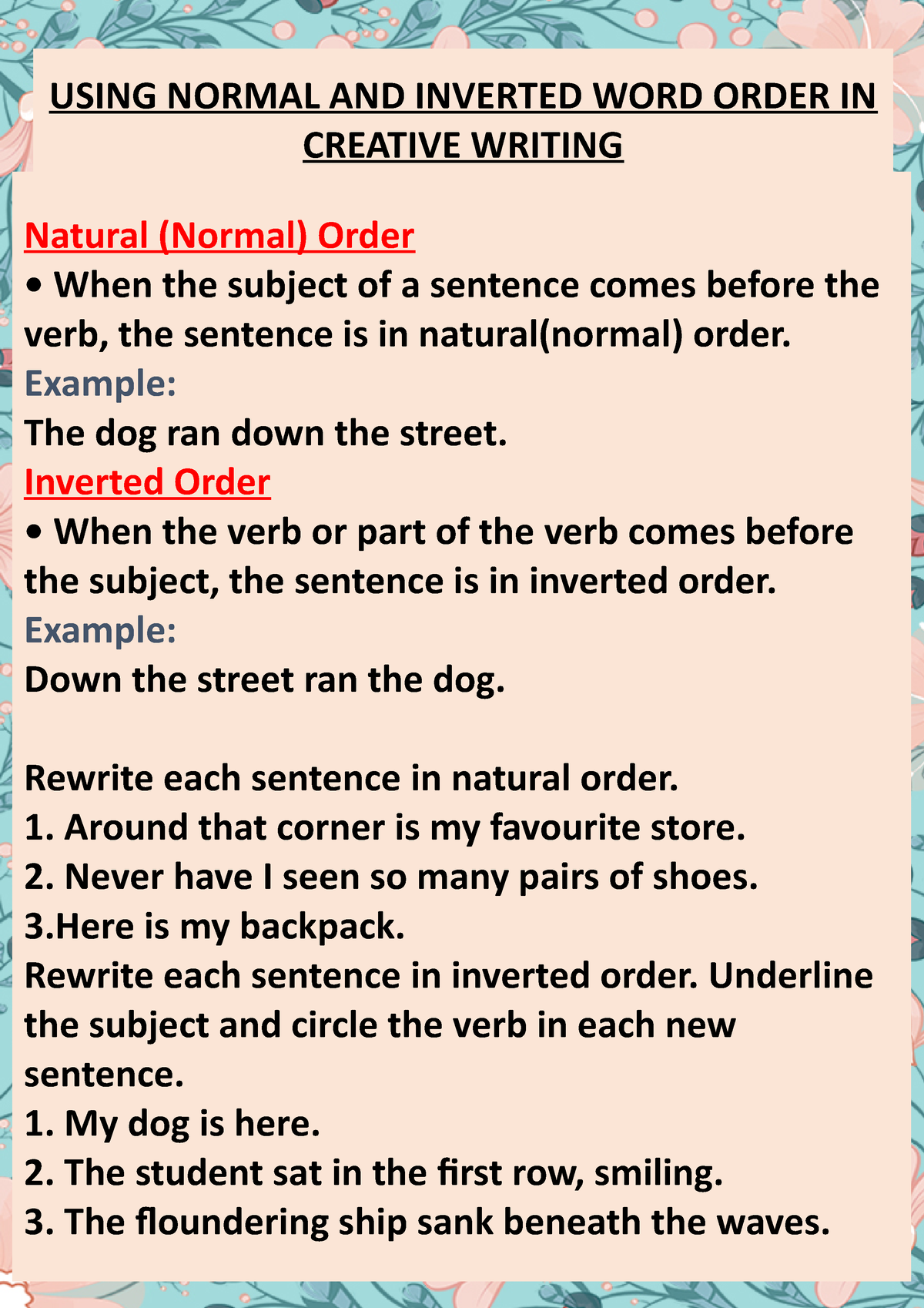 Inverted Normal Word Order Grade 9 Visuals USING NORMAL AND INVERTED 