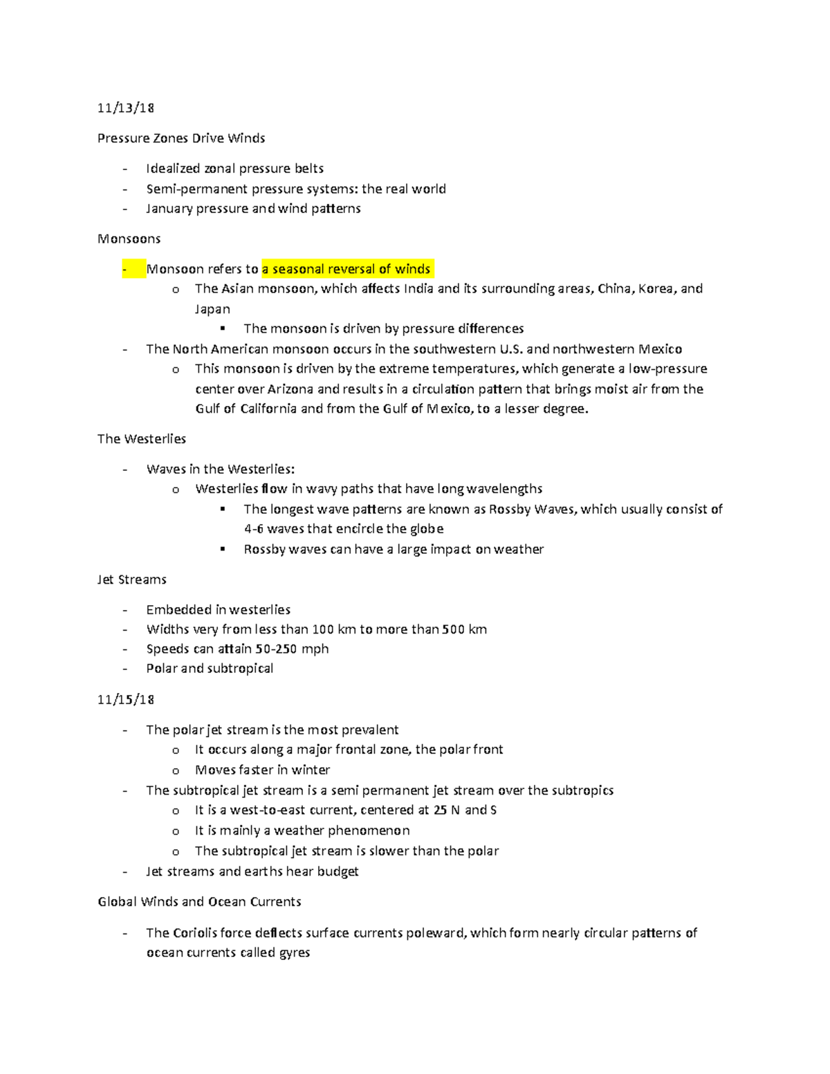 Weather and Climate Notes November 2018 - Pressure Zones Drive Winds ...