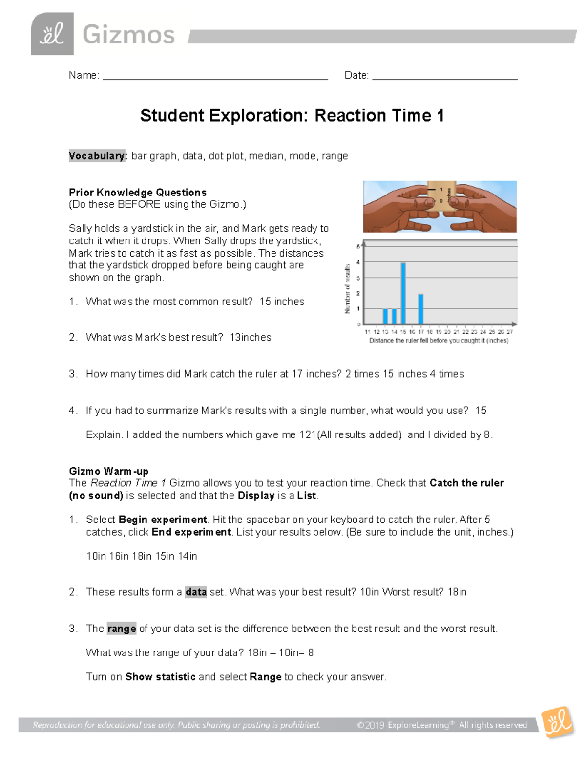 Reaction Time 1SE work Name Date Student Exploration Reaction