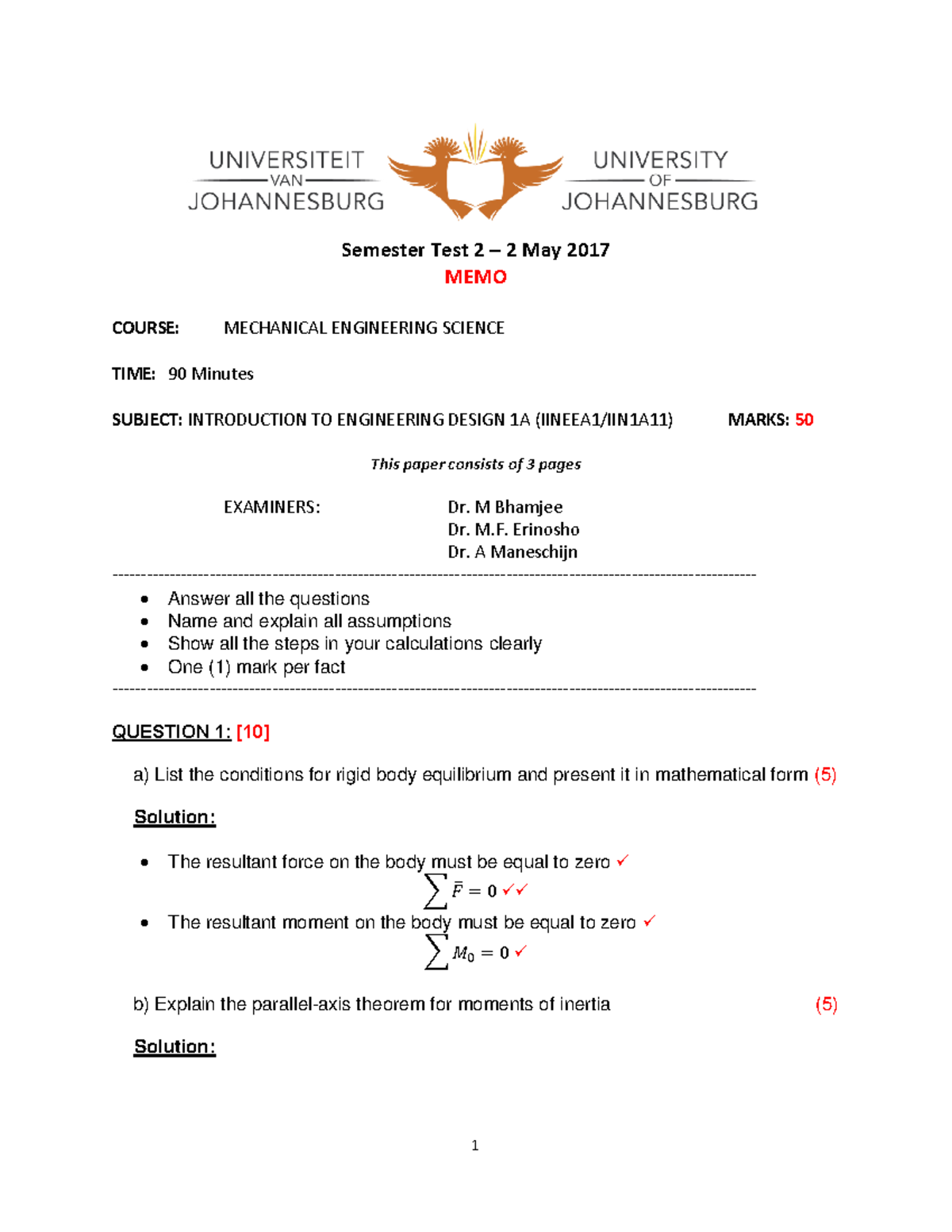 Iineea 1 1A11-ST2-2017-Memo - Semester Test 2 – 2 May 2017 MEMO COURSE ...