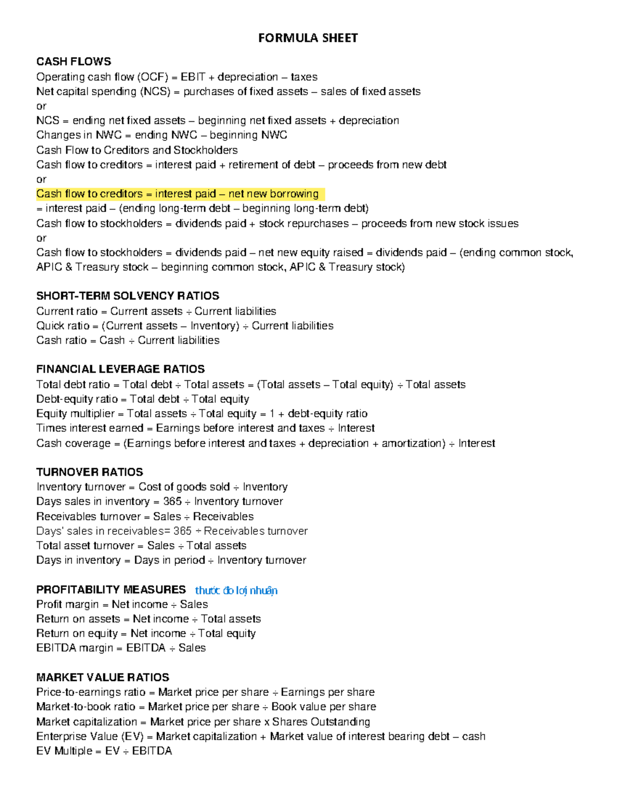 Công thức - FORMULA SHEET CASH FLOWS Operating cash flow (OCF) = EBIT ...