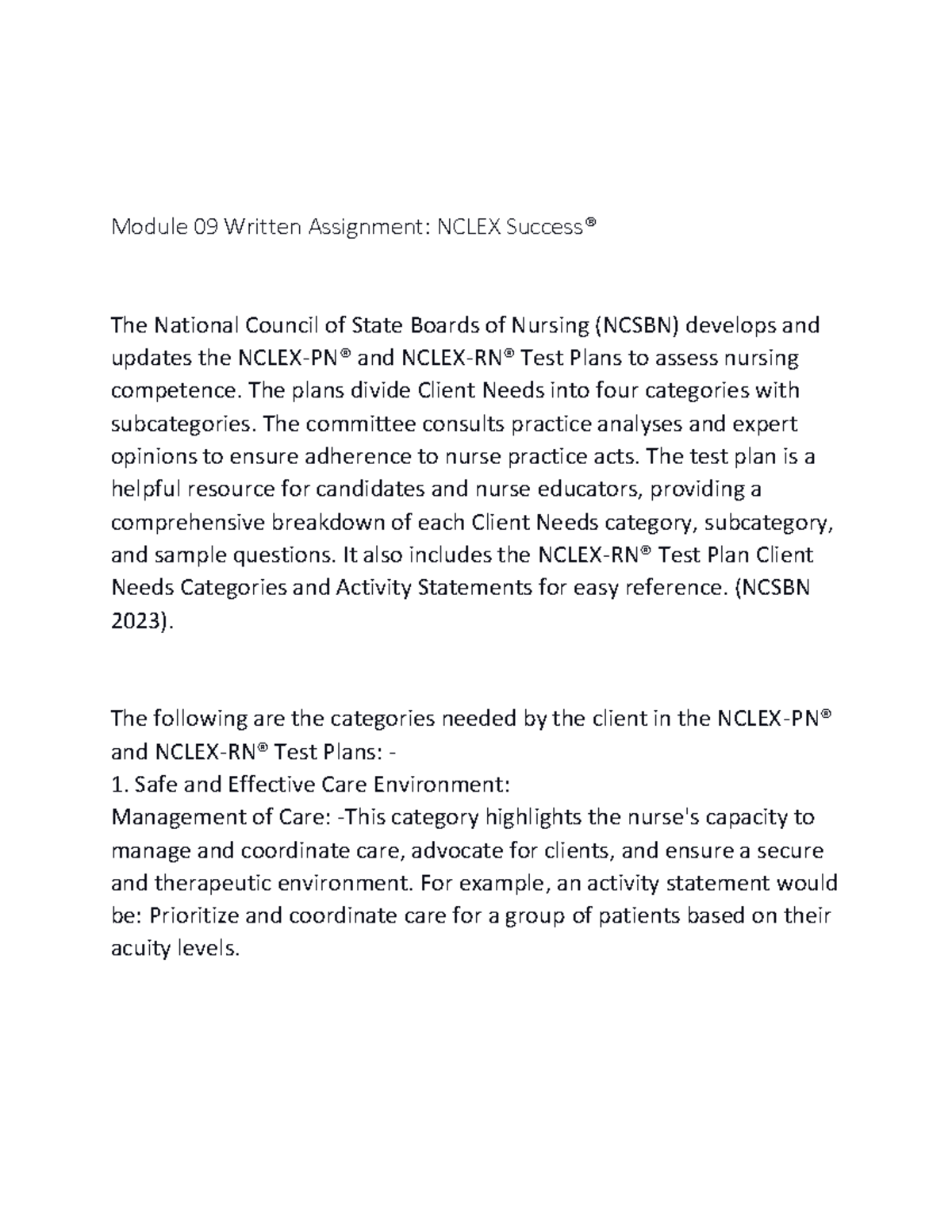 Intro to Nur module 9 Assignment - Module 09 Written Assignment: NCLEX ...