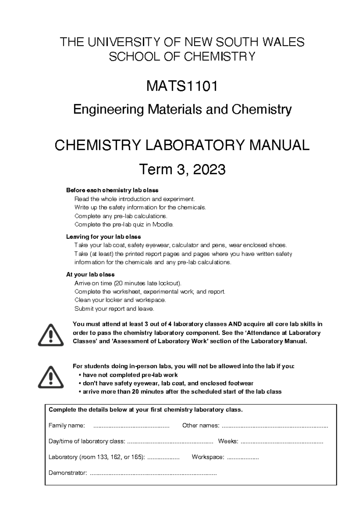 Mats1101 Chemistry Laboratory Manual THE UNIVERSITY OF NEW SOUTH