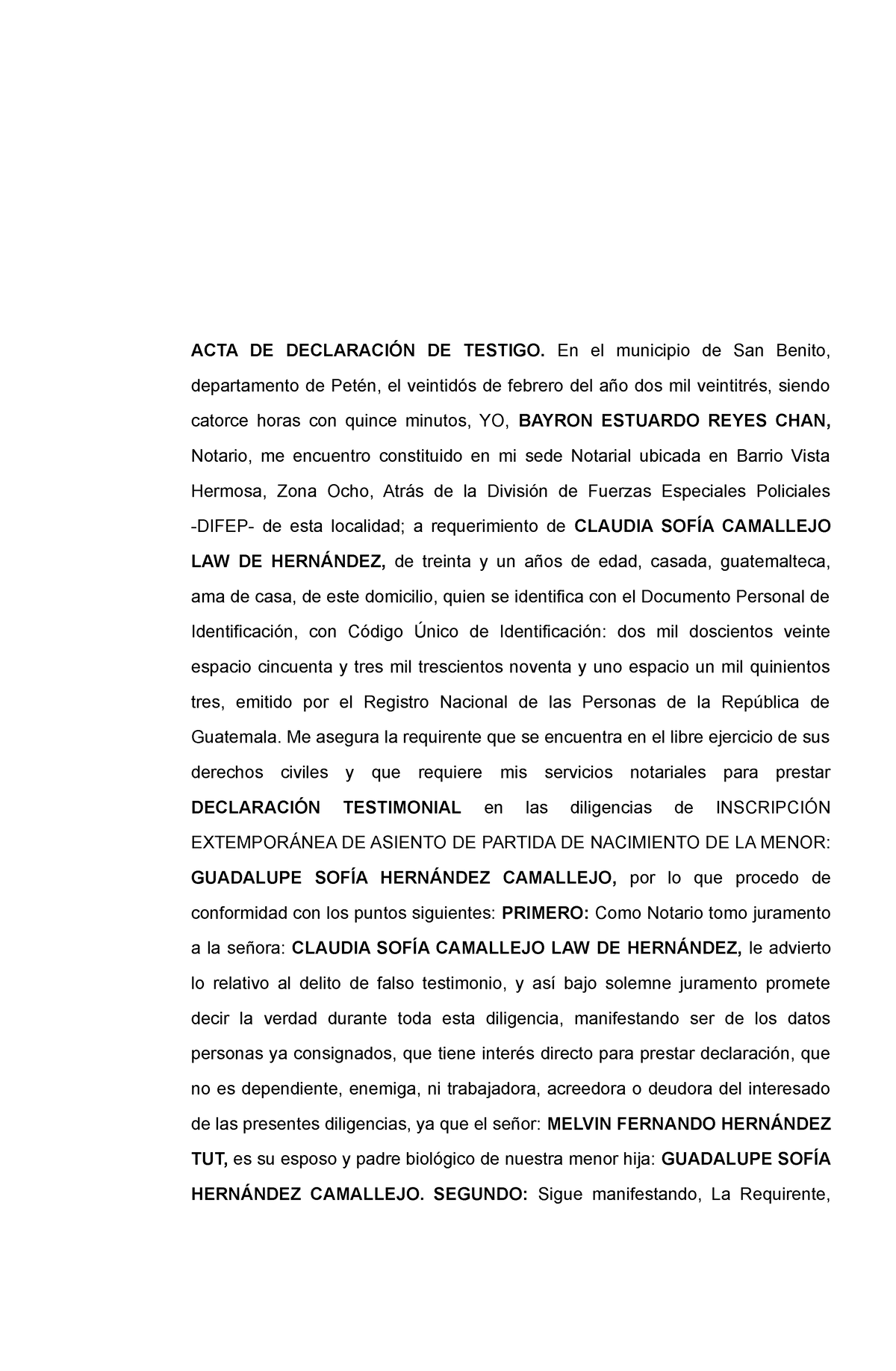 Acta De Declaración De Testigo Acta De DeclaraciÓn De Testigo En El Municipio De San Benito 1792