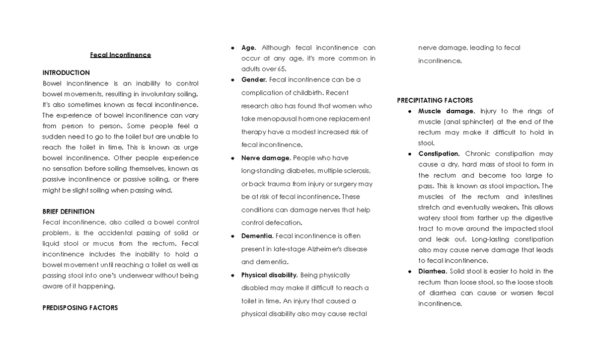 Nursing - Fecal Incontinence - Fecal Incontinence INTRODUCTION Bowel ...