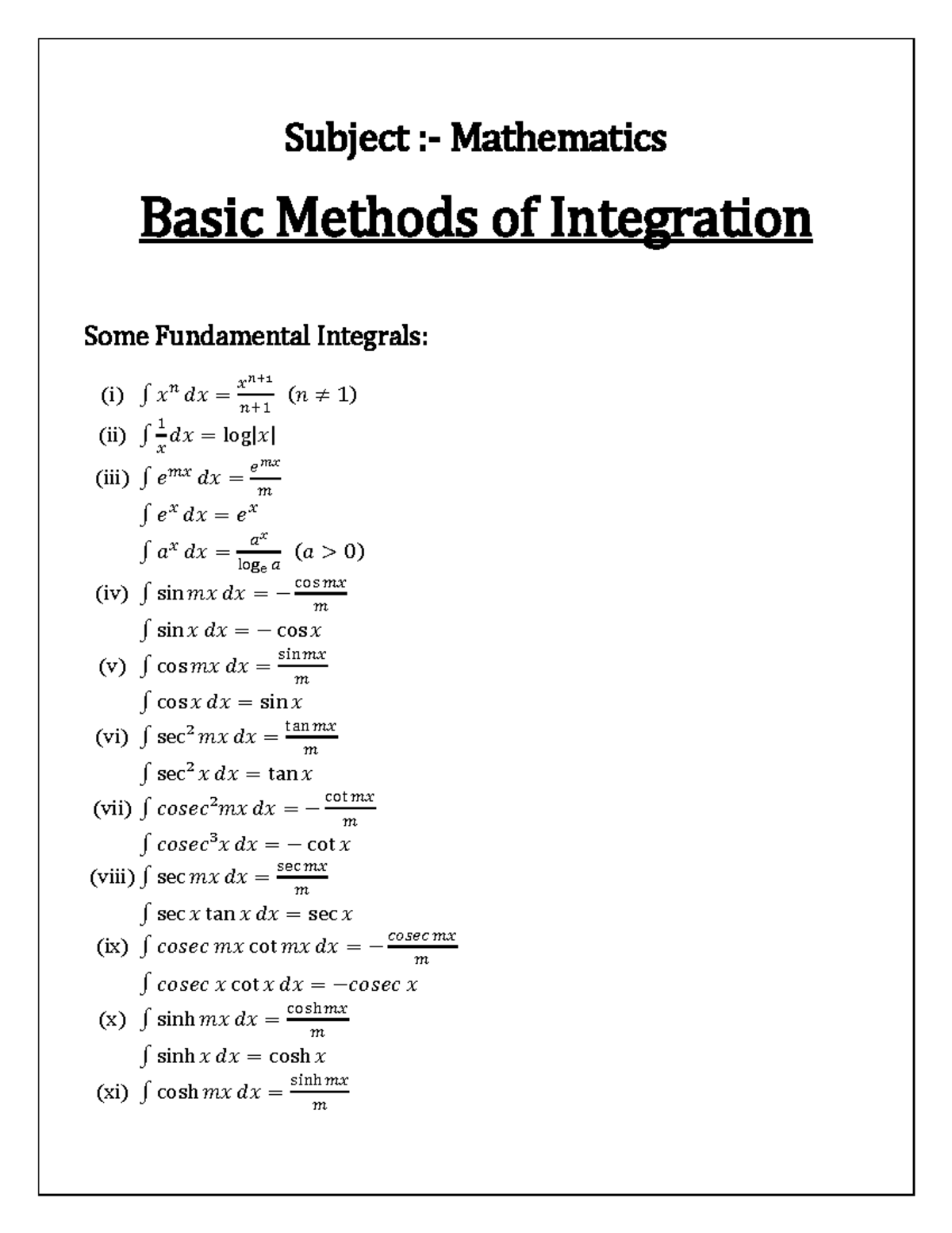 Basic Methods of Integration class notes - Subject :- Mathematics Basic ...