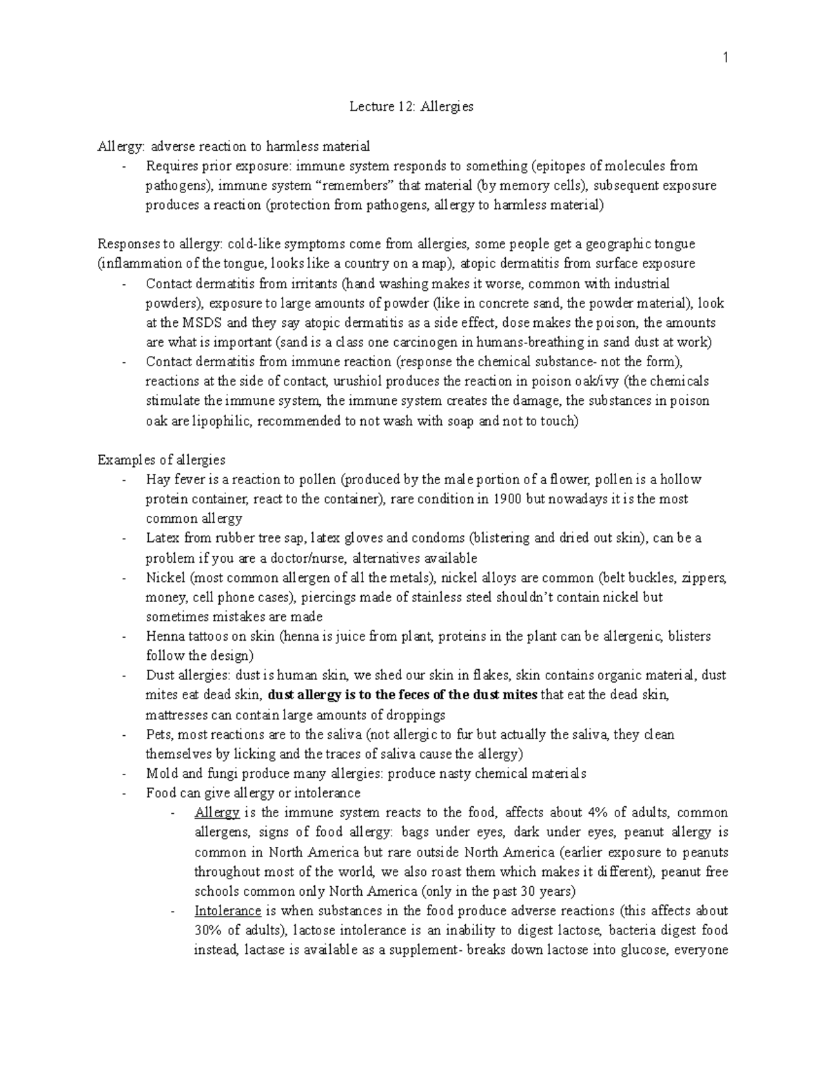 Lecture 12 Allergies - notes i took in class - Lecture 12: Allergies ...