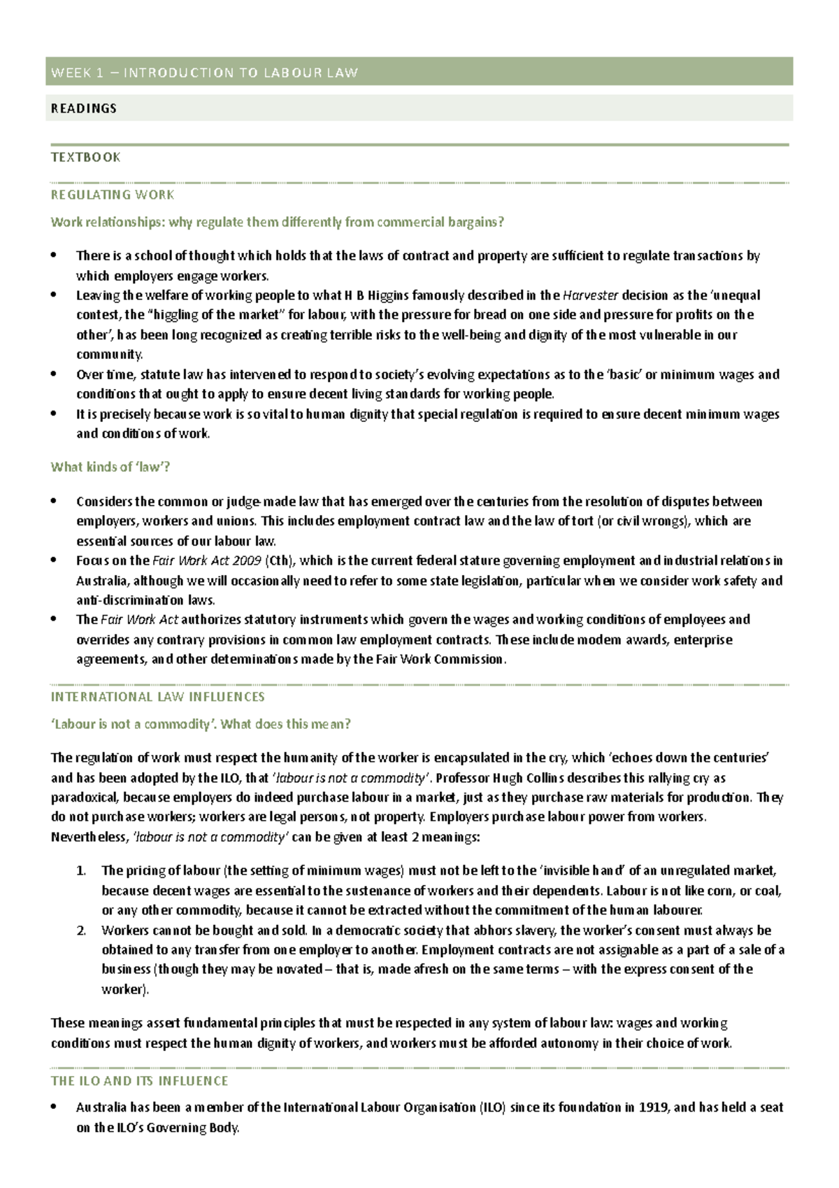 Notes - Labour Law - WEEK 1 – INTRODUCTION TO LABOUR LAW READINGS ...