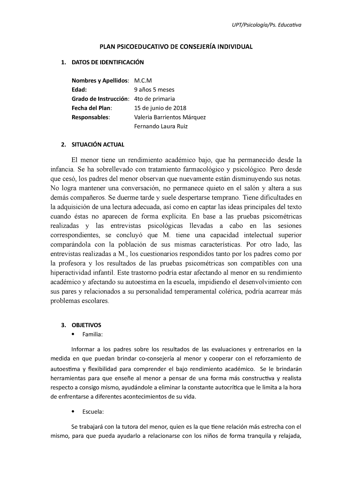 Formato Plan Consejería Individual - PLAN PSICOEDUCATIVO DE CONSEJERÍA  INDIVIDUAL 1. DATOS DE - Studocu