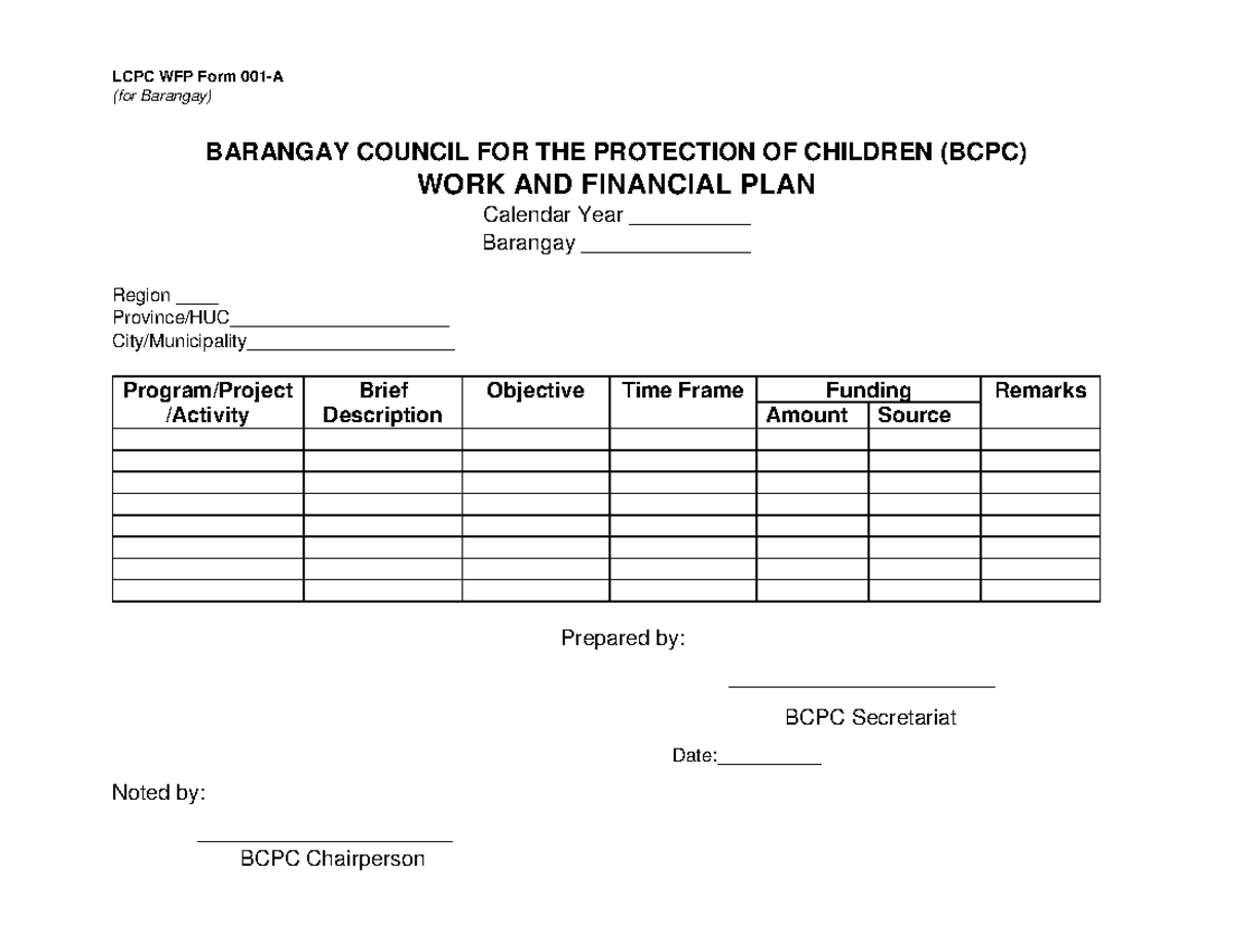 4.5.3 BCPC AWFP Form 001-A - LCPC WFP Form 001-A (for Barangay ...