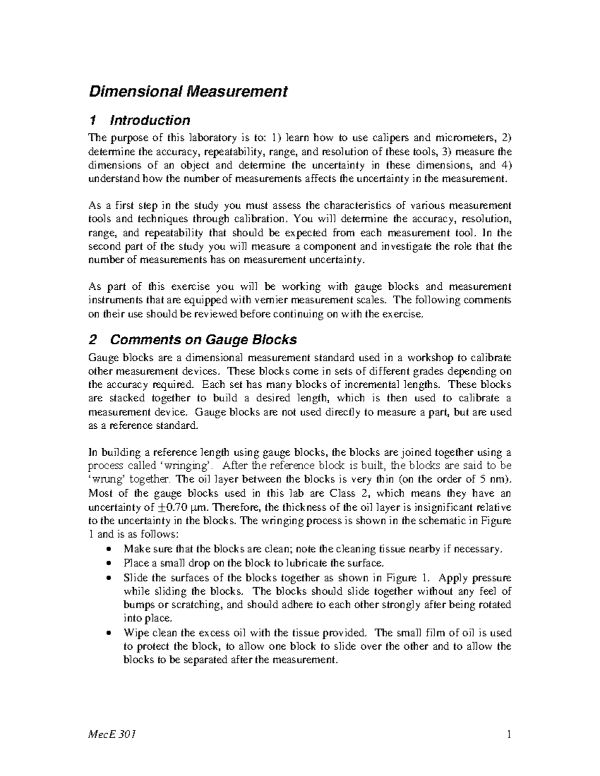 Mec E301 Lab01 Dimensional Measurement Dimensional Measurement 1