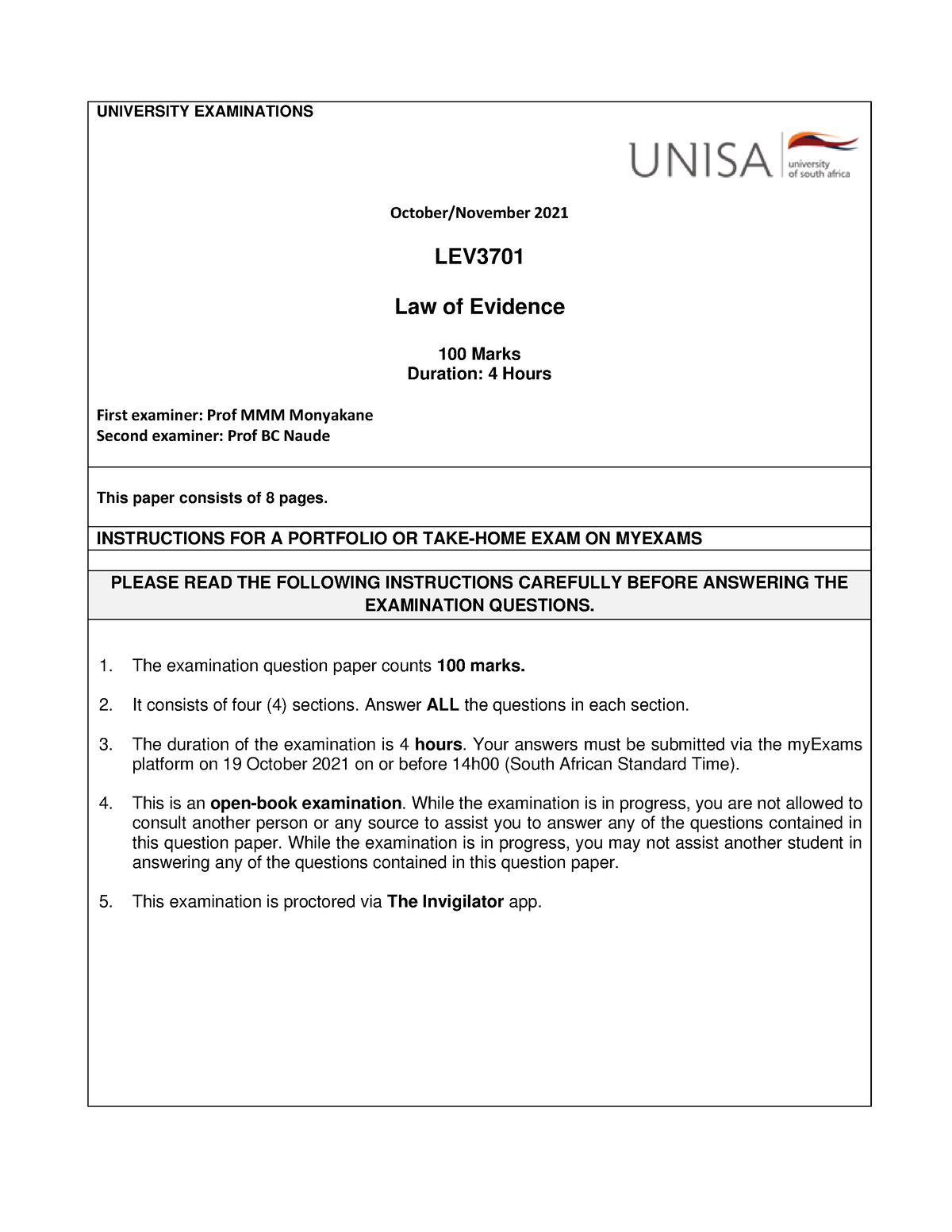 LEV3701 Oct2021 final paper - UNIVERSITY EXAMINATIONS October/November ...