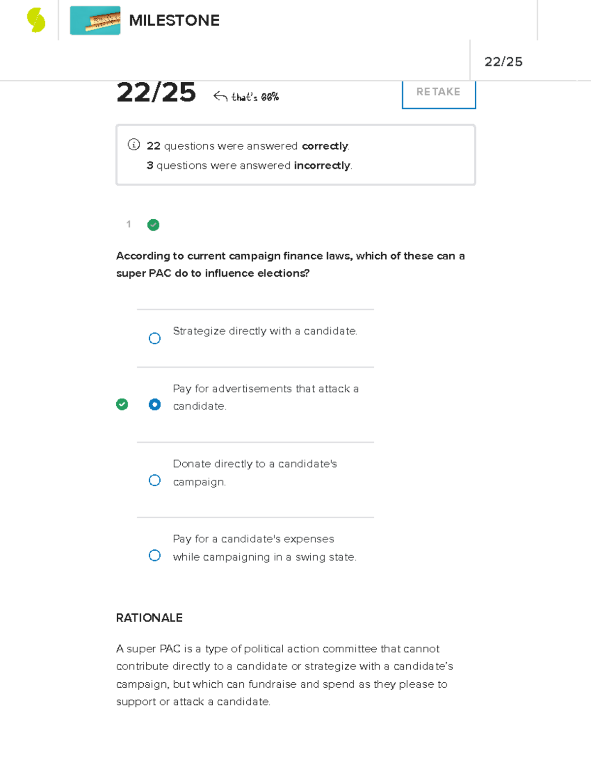 Sophia Milestone Final U.S. Government - 1 22 / 25 That's 88% RETAKE 22 ...