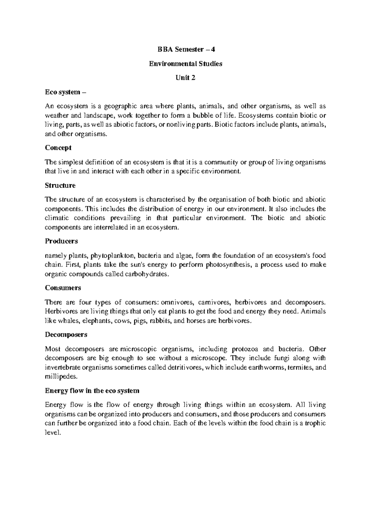 BBA Semester 4 - Envt Studies Unit 2 - BBA Semester – 4 Environmental ...