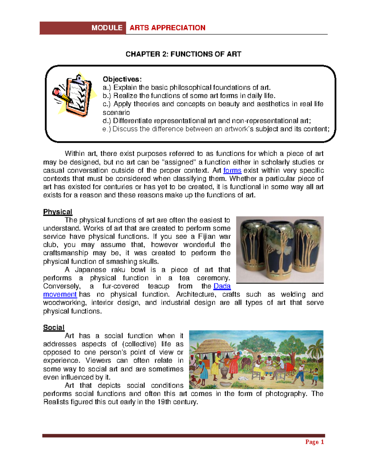 Chapter 2 Functions OF ART CHAPTER 2 FUNCTIONS OF ART Objectives a