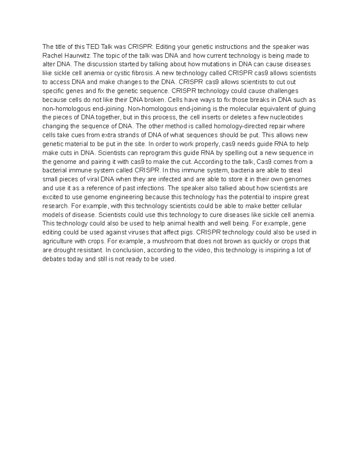 TED Talk Extra Credit 3 - Other - The title of this TED Talk was CRISPR ...