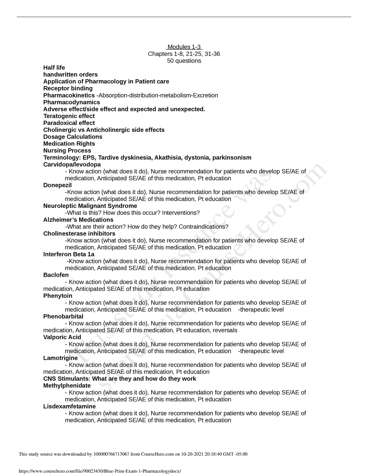 Blue Print Exam 1 Pharmacology - NUR 2407 - Studocu