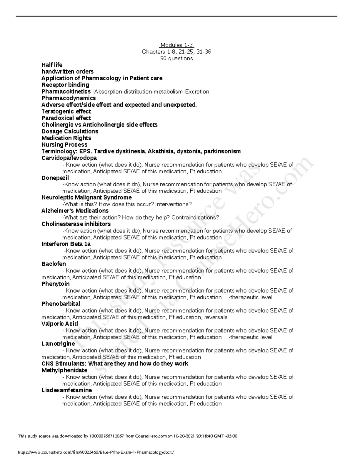 Blue Print Exam 1 Pharmacology NUR 2407 Studocu