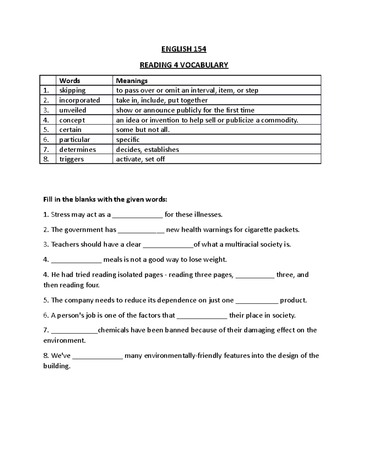 Engl 154 Reading 4 Vocabulary ENGLISH 154 READING 4 VOCABULARY Words