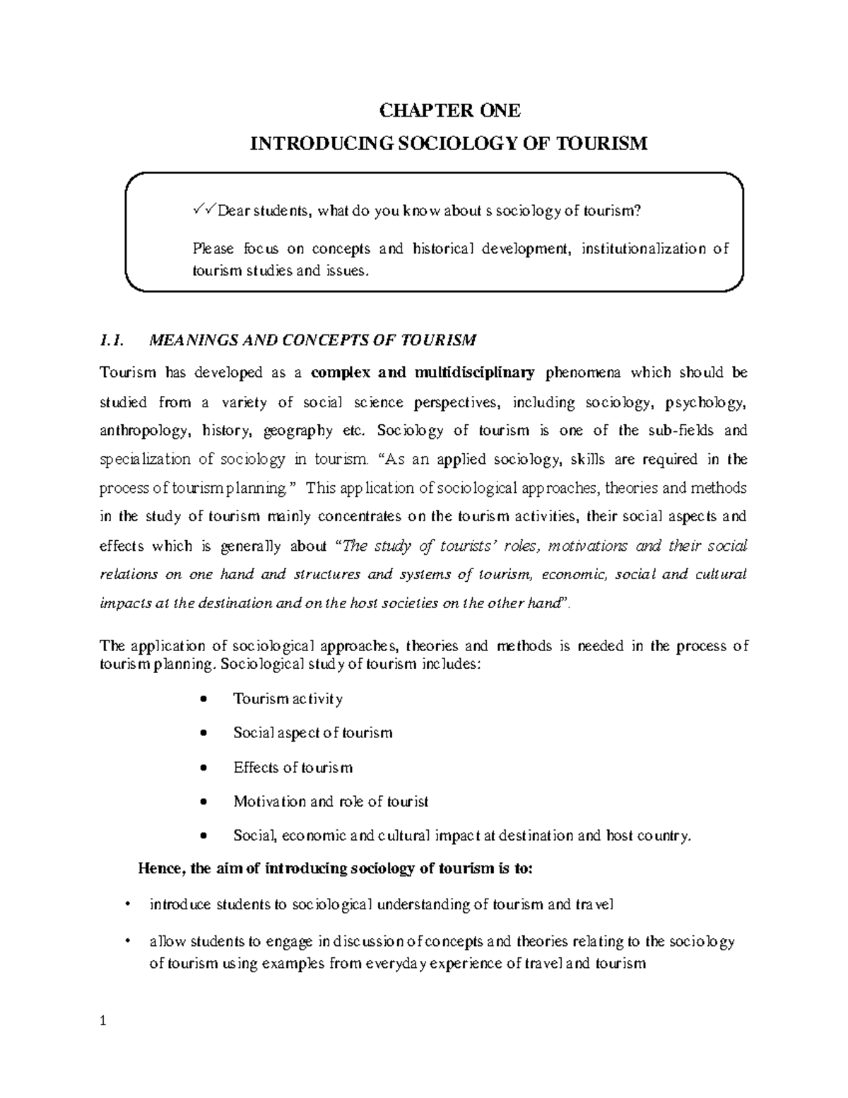 sociology of tourism and management question paper bcu