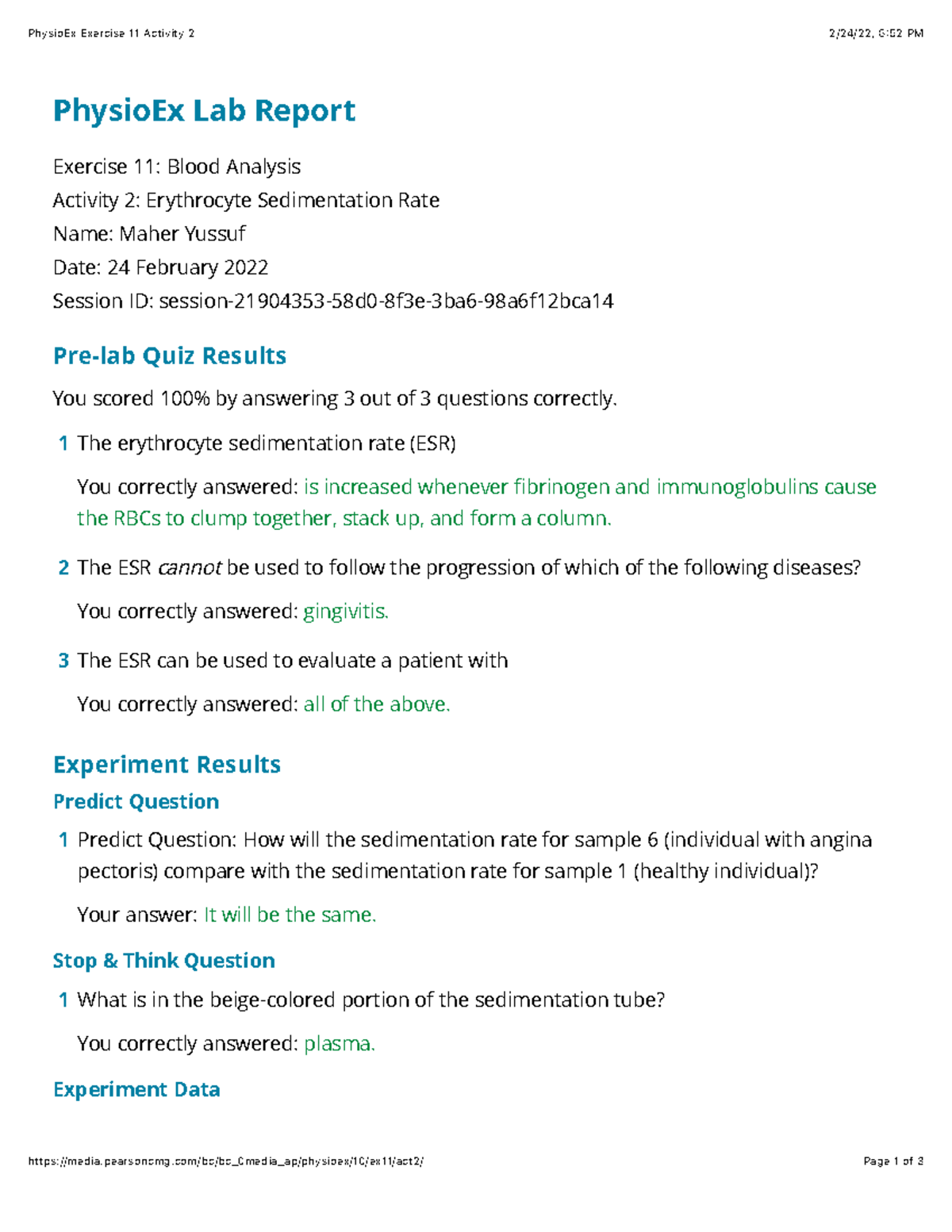 Physio Exercise 11 Activity 2 - PhysioEx Exercise 11 Activity 2 2/24/22 ...