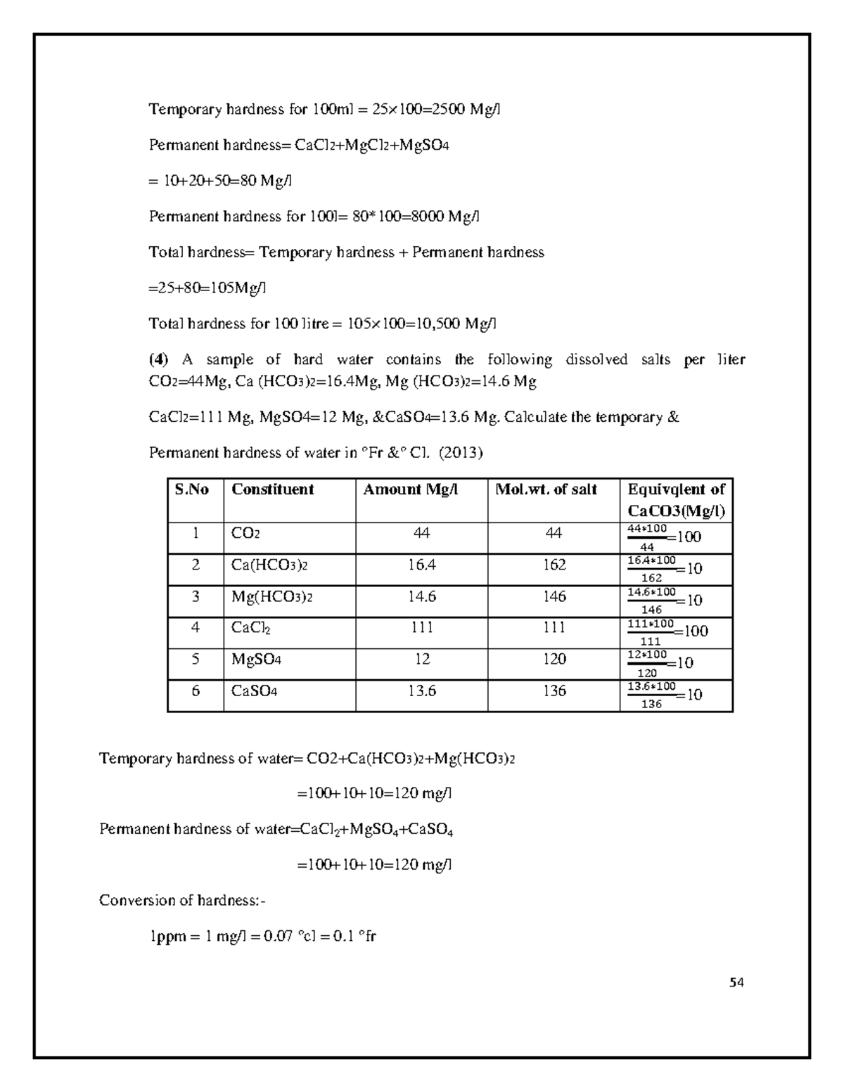 EC-Lecture Notes 7-4-114-6 - Temporary hardness for 100ml = 25×100=2500 ...