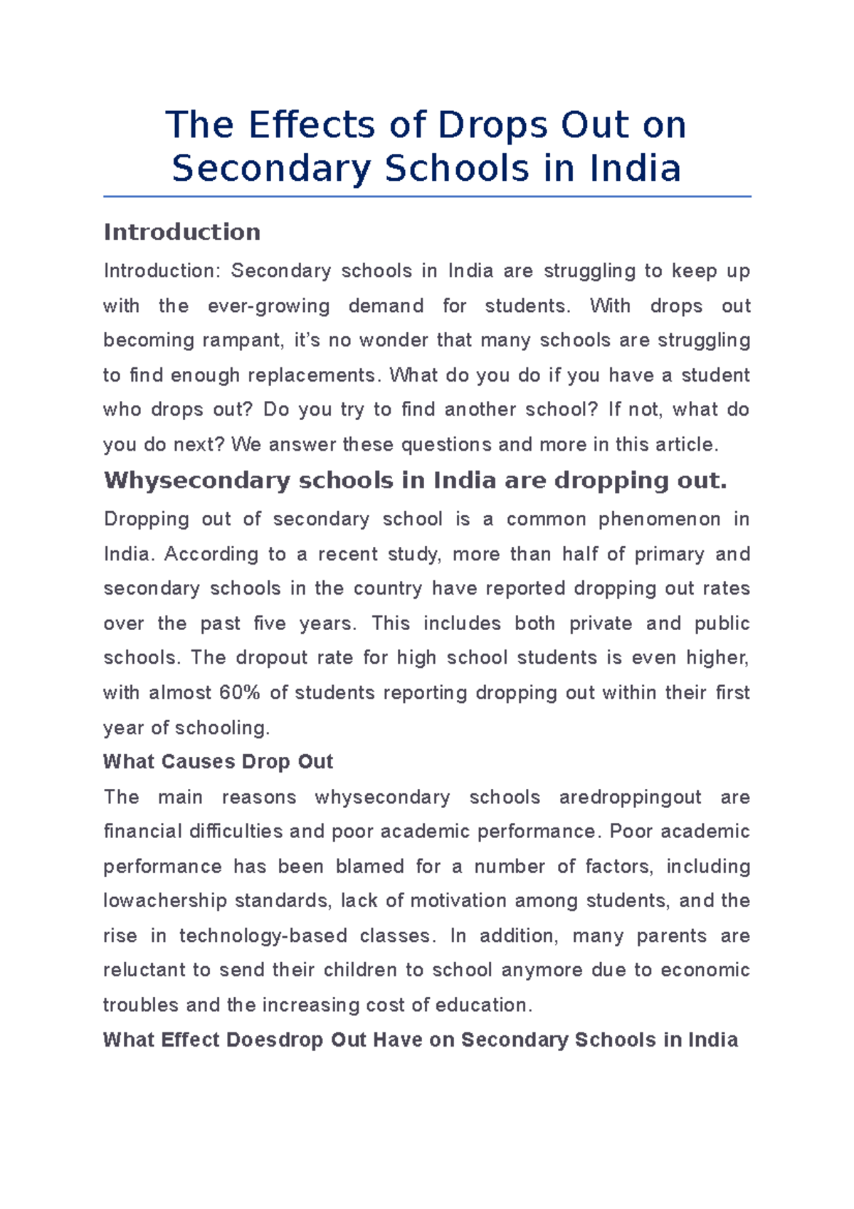 essay on school dropouts in india