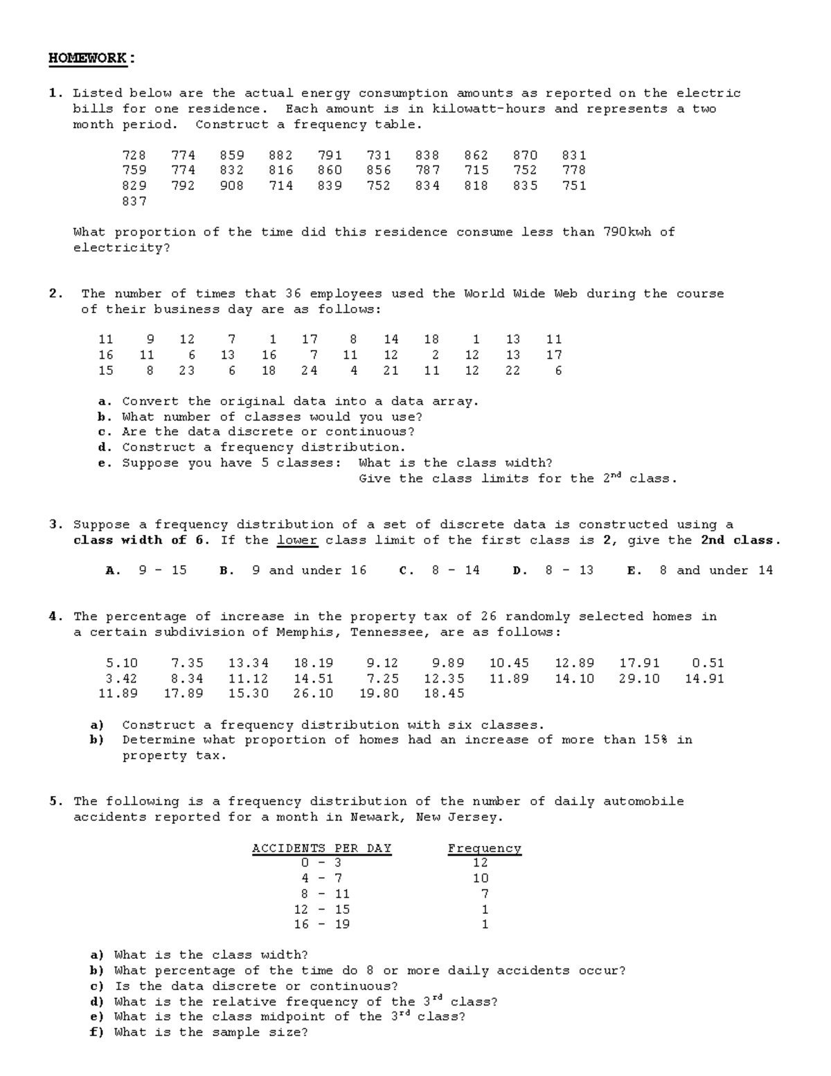 Homework for Organizing Data Frquency Tables Sept 2019 - HOMEWORK ...