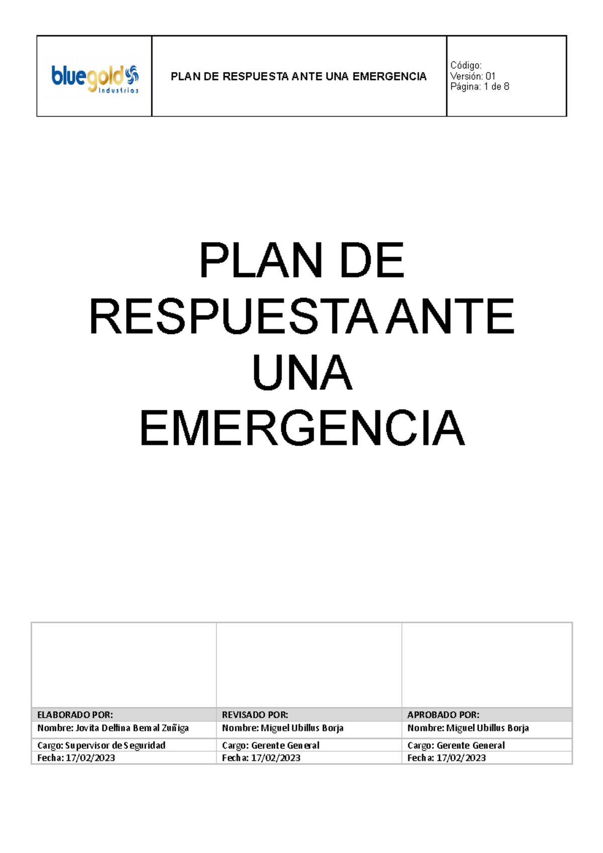 PLAN DE Respuesta ANTE UNA Emergencia - PLAN DE RESPUESTA ANTE UNA ...