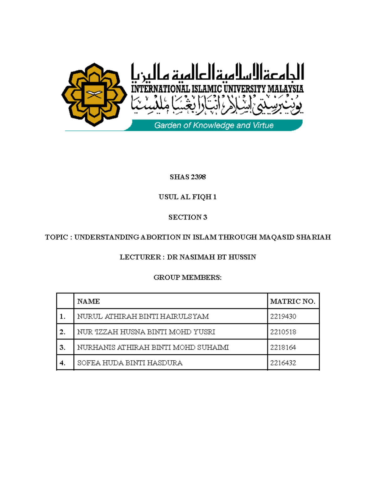 Abortion Group 1 Shas 2398 Usul Al Fiqh 1 Section 3 Topic