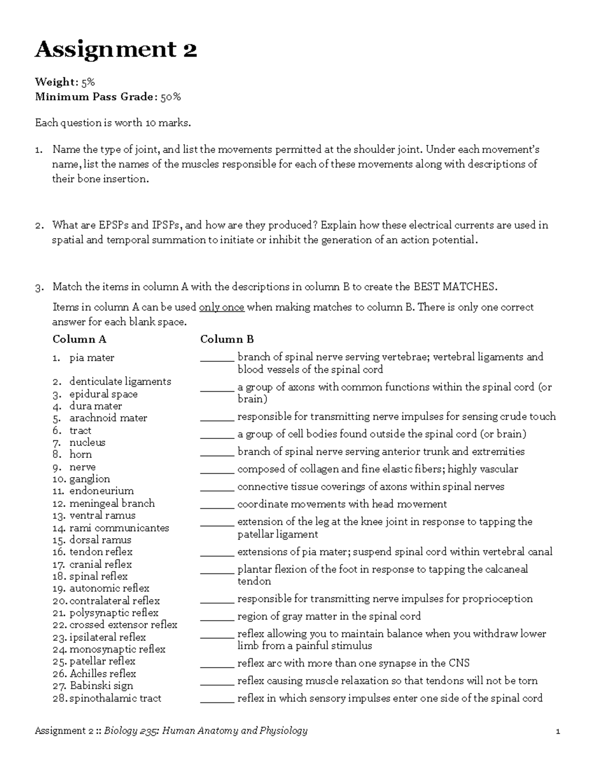 Biology 235: Human Anatomy and Physiology 1 Assignment 2 - Studocu