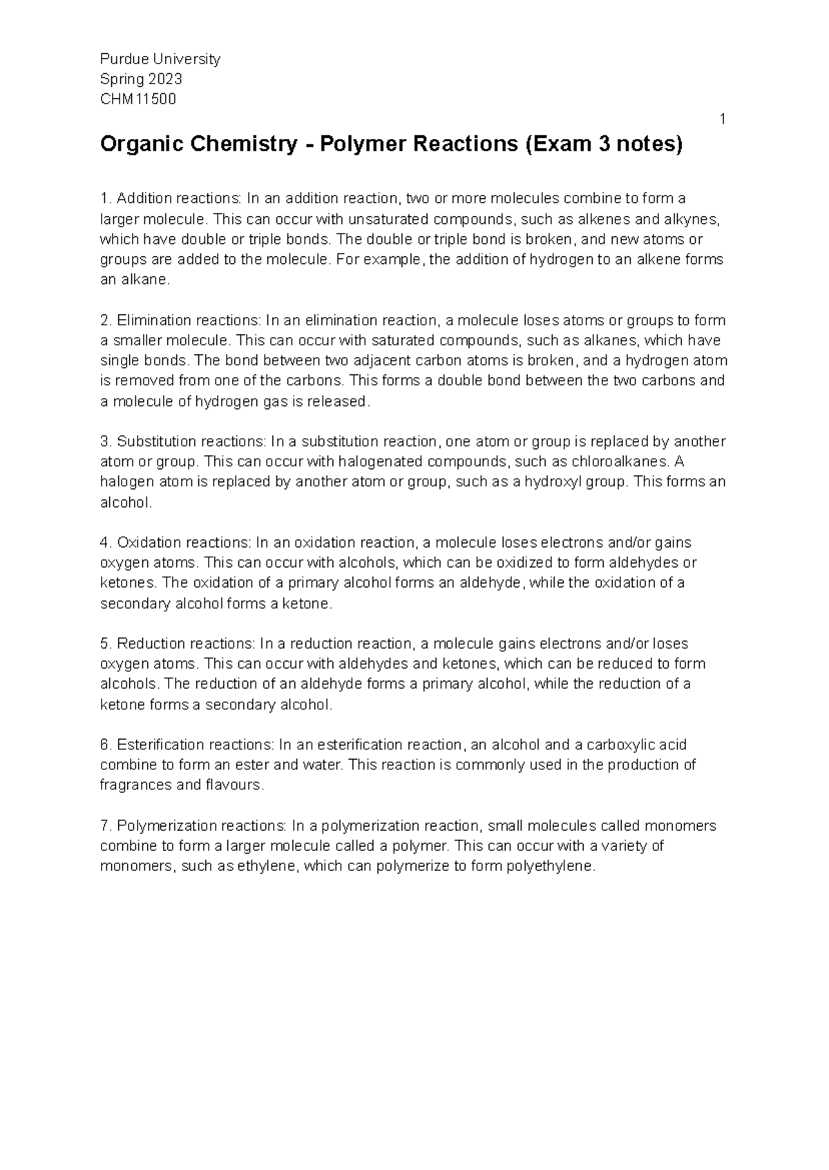 CHM115 Organic Chemistry Polymer Reaction Notes 2023 - Purdue ...