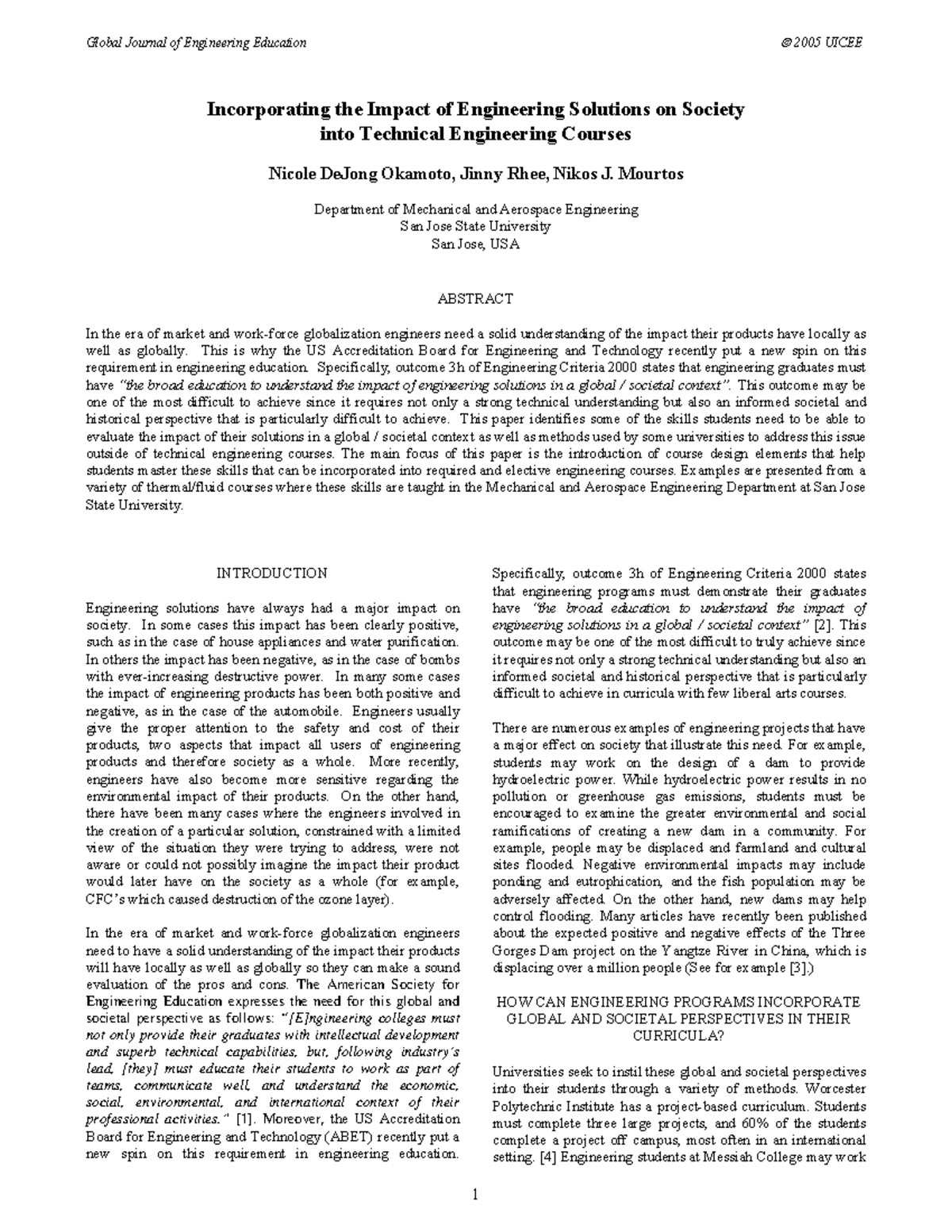 Impact of Engineering Solutions on Society Global Journal of