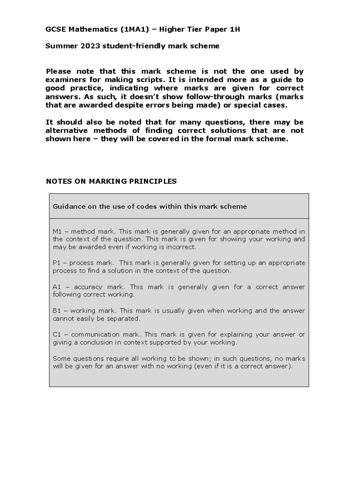 1h may 2023 student friendly mark scheme copy gcse mathematics