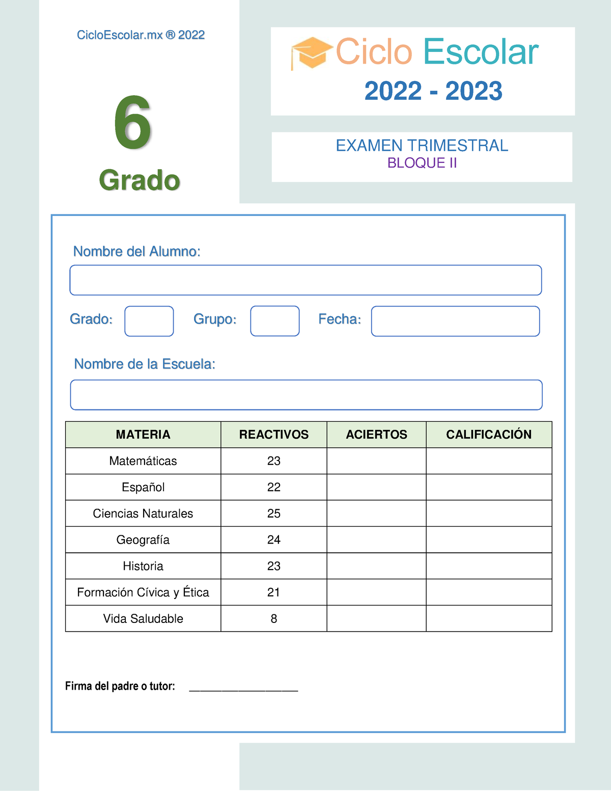 Examen Trimestral 6 Grado B2 2022 2023 - 6 Nombre Del Alumno: Grado ...