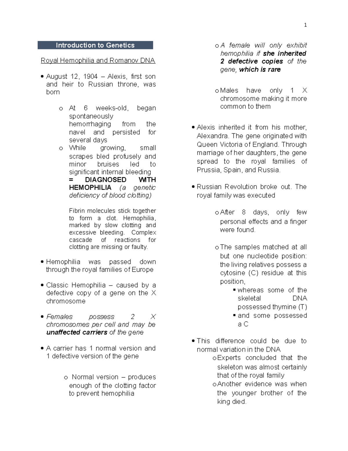 Introduction to Genetics Chapter 1 summary from Genetics A Conceptual ...