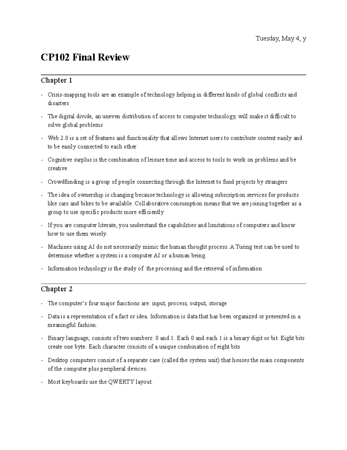 CP102-Final-Review - Helpful Final Notes - CP102 Final Review Chapter 1 ...