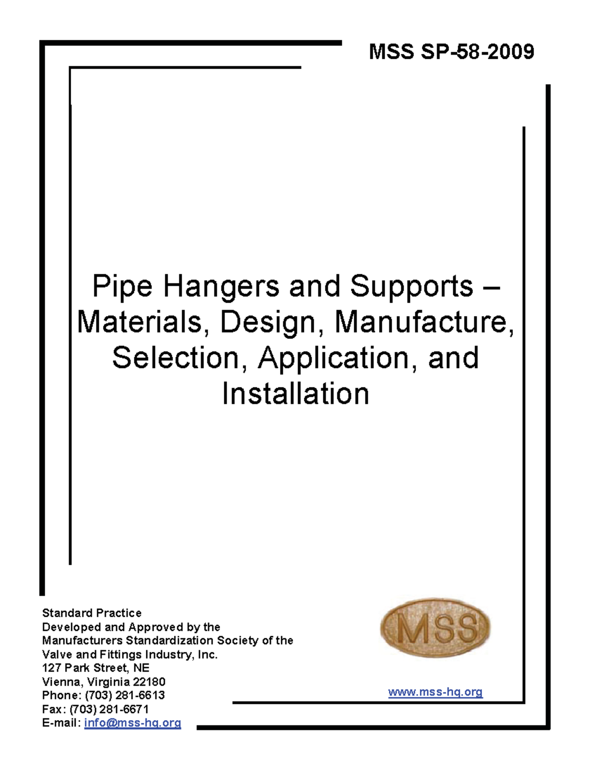 MSS SP 58 2009 MSS SP 58 2009 MSS SP58 Pipe Hangers and Supports