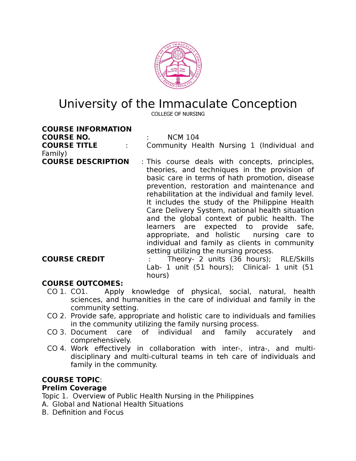 course outline nursing