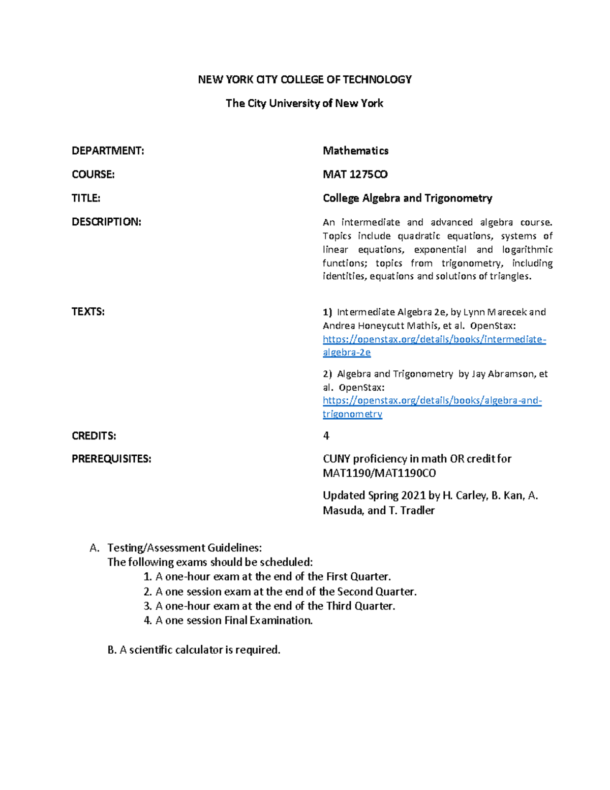 MAT1275 - SYLLABUS - NEW YORK CITY COLLEGE OF TECHNOLOGY The City ...
