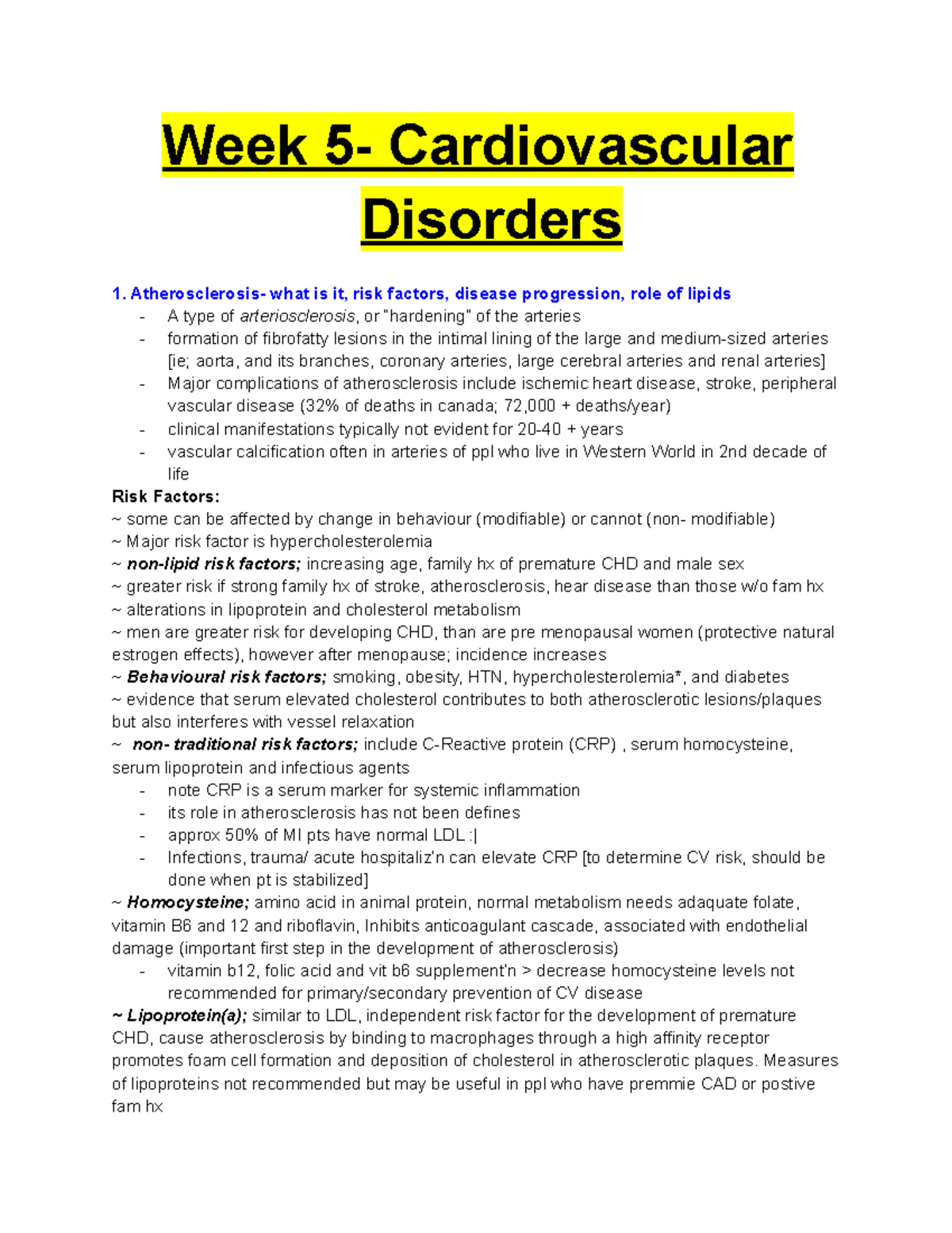 Lecture notes, lecture 5 - Cardiovascular Disorders - Week ...