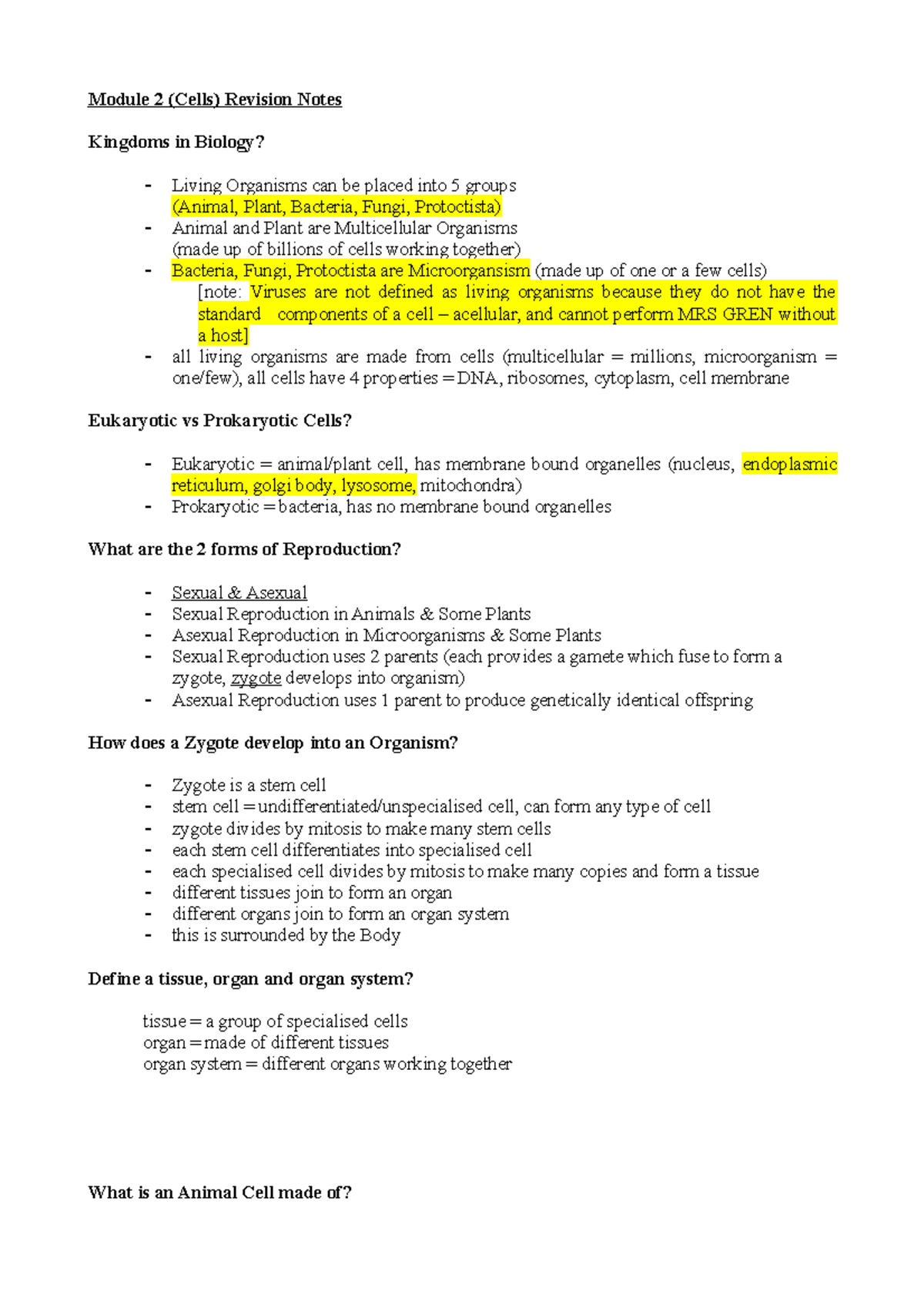 AQA Module 2 Revision Notes - Module 2 (Cells) Revision Notes Kingdoms ...