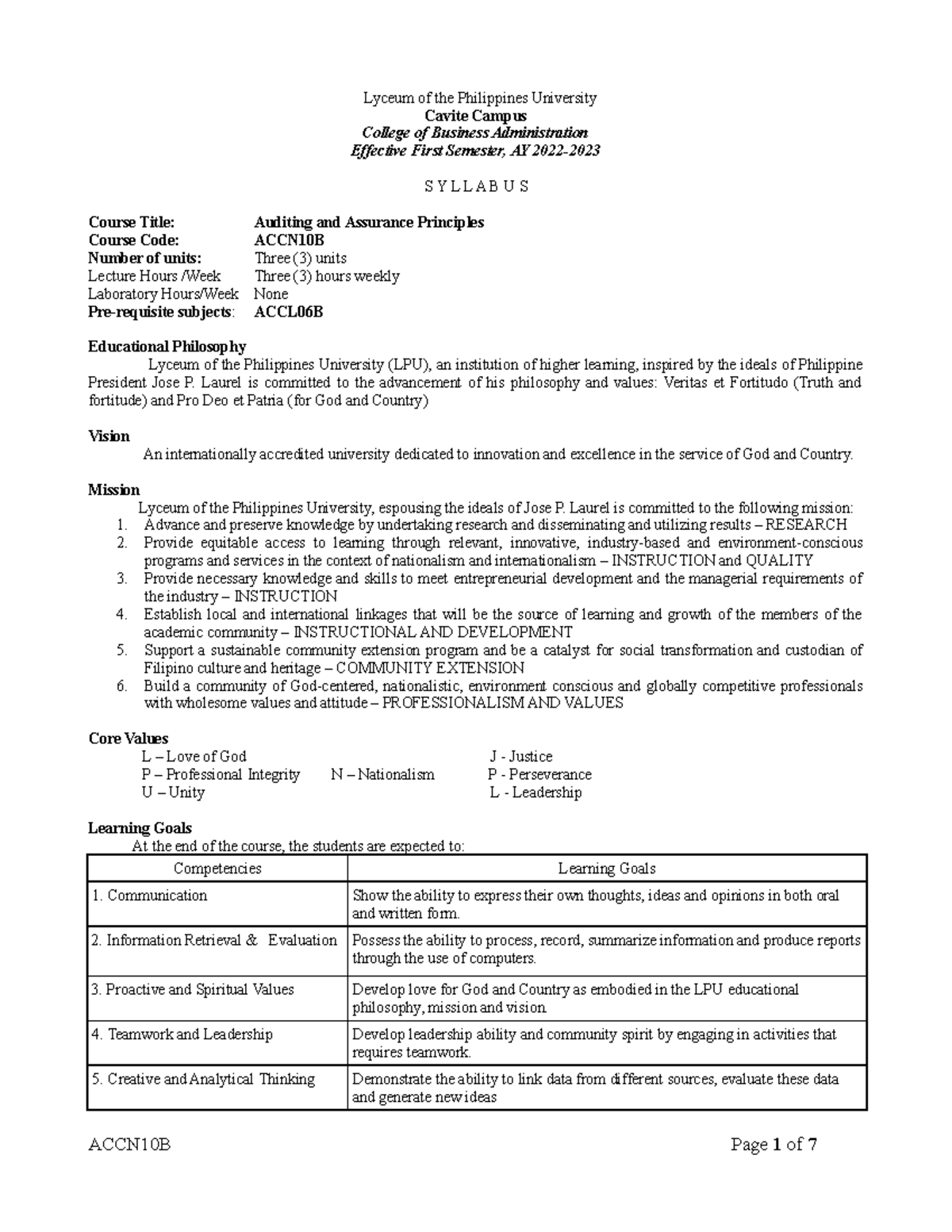 ACCN10B Auditing and Assurance Principle - Course Syllabus - Lyceum of ...