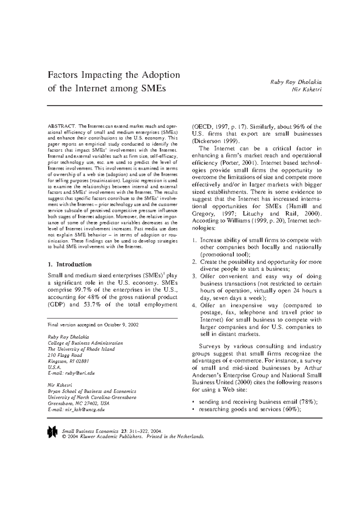 Factors Impacting the Adoption of the Internet among SMEs - Factors ...
