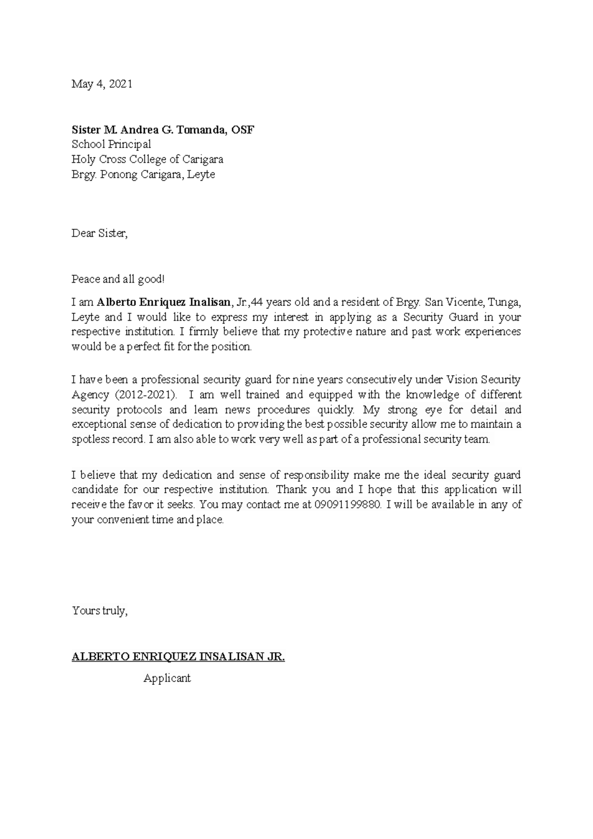 Security Guard Application Letter May 4, 2021 Sister M. Andrea G. Tomanda, OSF School