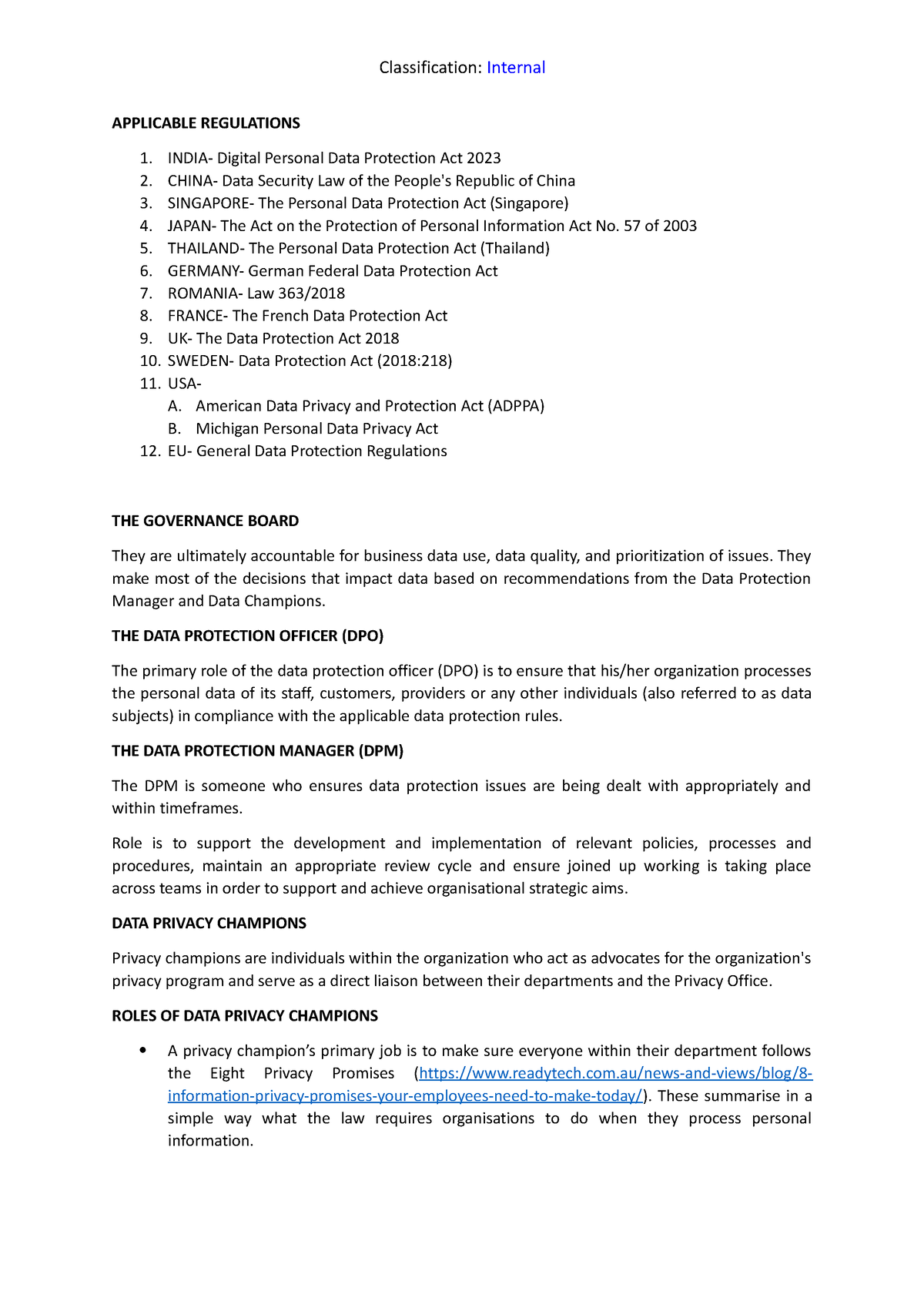 Roles Of Data Privacy Champions - For Merge - Classification: Internal 