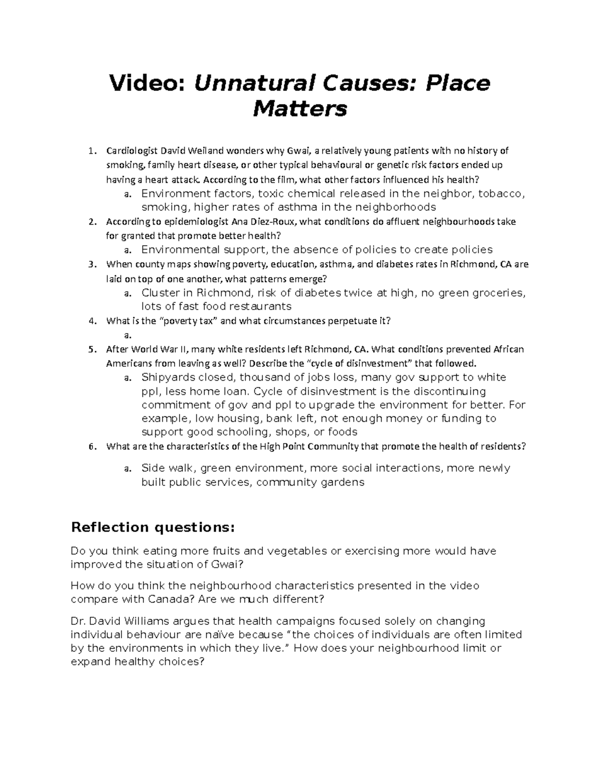 Questions Place Matters Video Unnatural Causes Place Matters